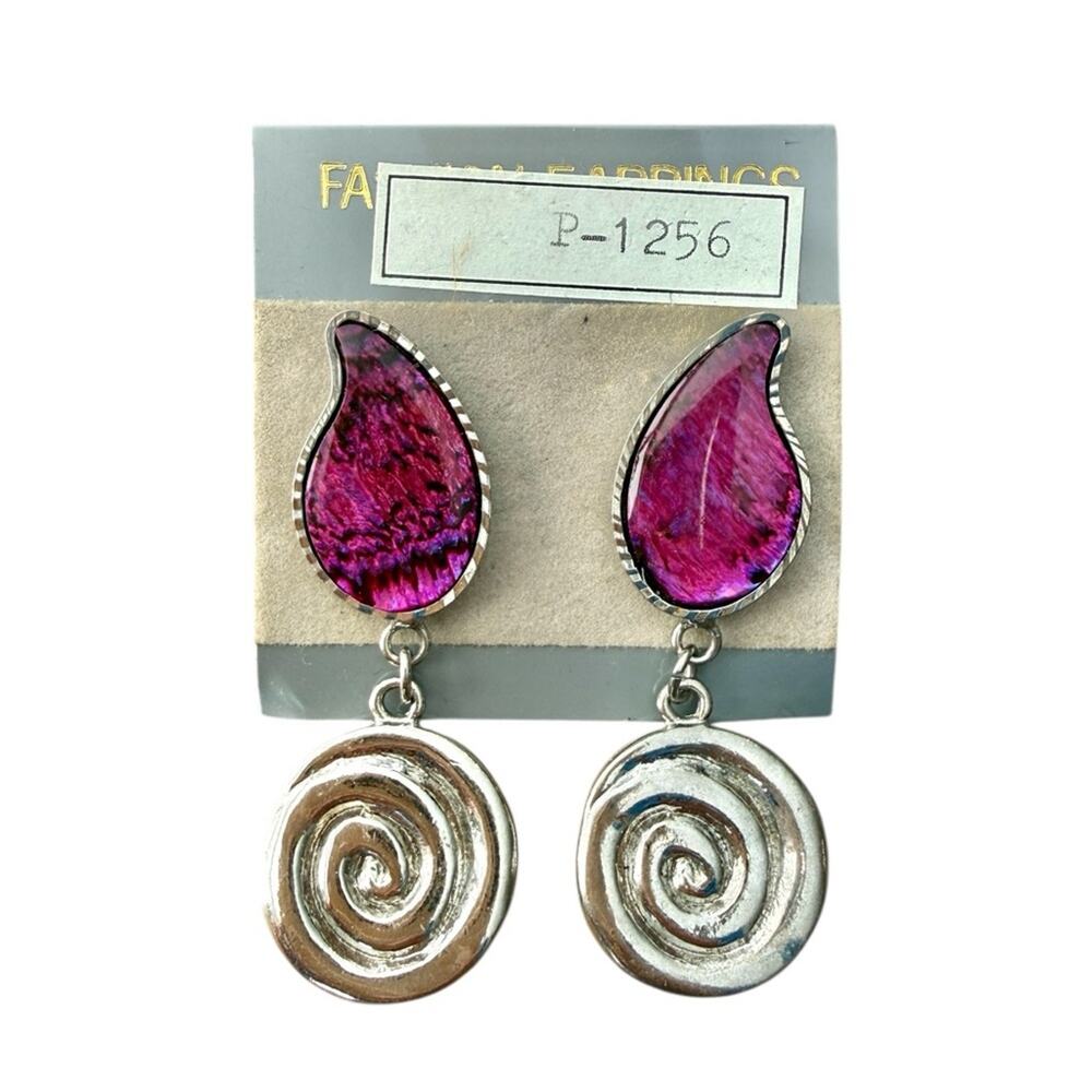 Vintage Abalone Shell Swirl Dangle Earrings Silver Tone Statement Jewelry NWT